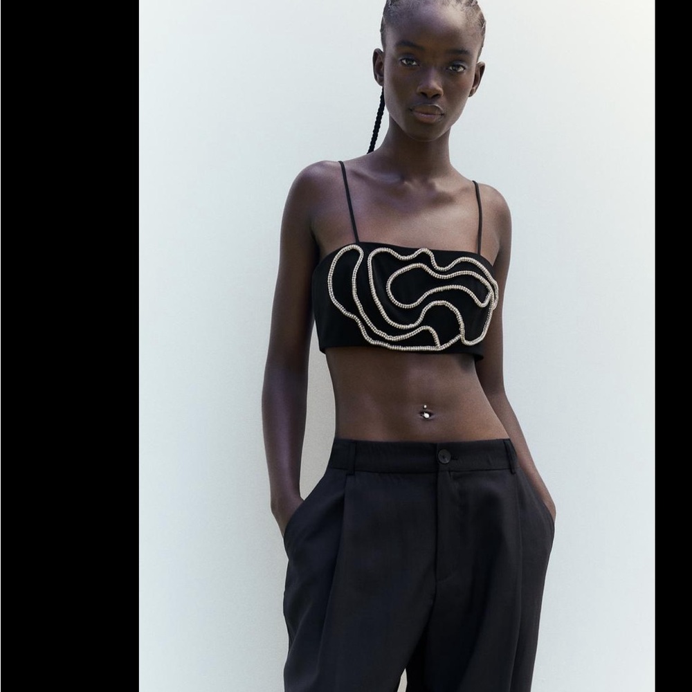 Zara textured raised floral top with metallic rhinestones trim